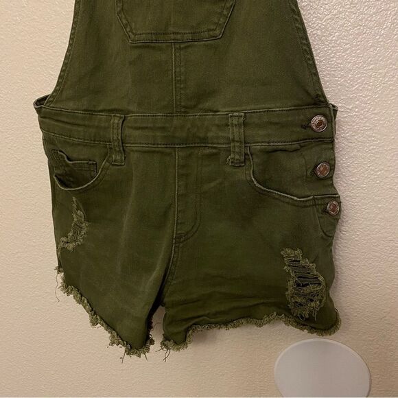 Forever 21 Green denim distress Shorts bib Overalls green stretchy size 27 - Picture 5 of 10